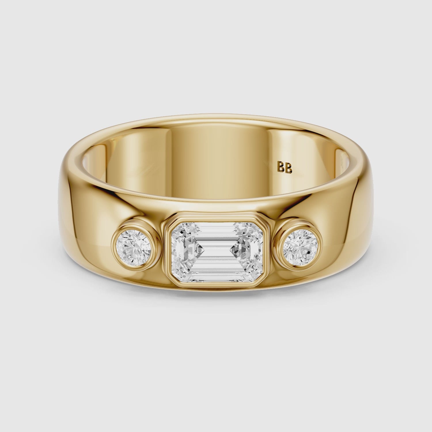 Load video: Catarina Emerald Cut Lab Diamond Bezel Set Three Stone Cigar Band