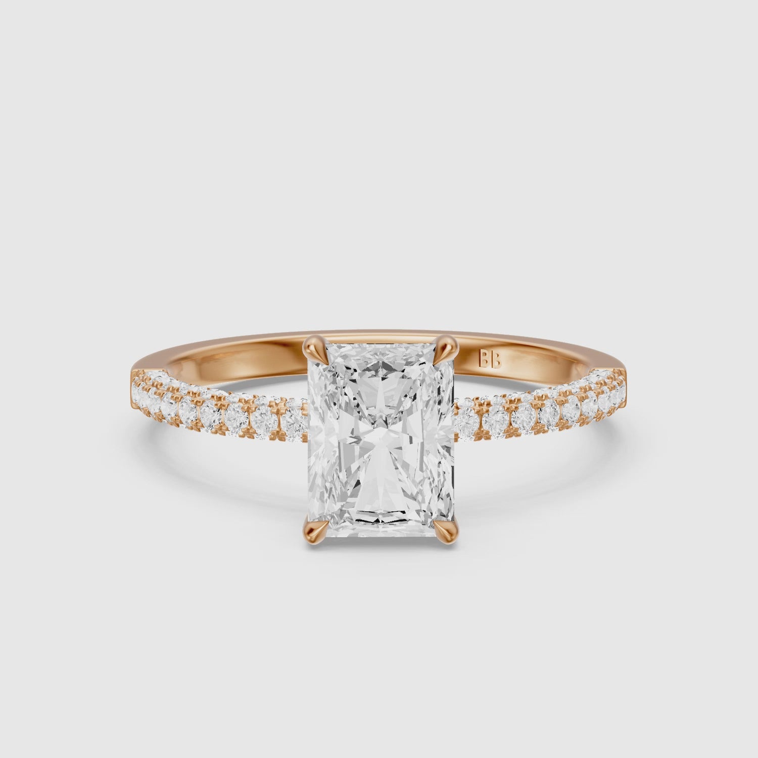 Load video: Ensley Radiant Cut Hidden Halo Three Sided Pave Lab Grown Diamond Ring