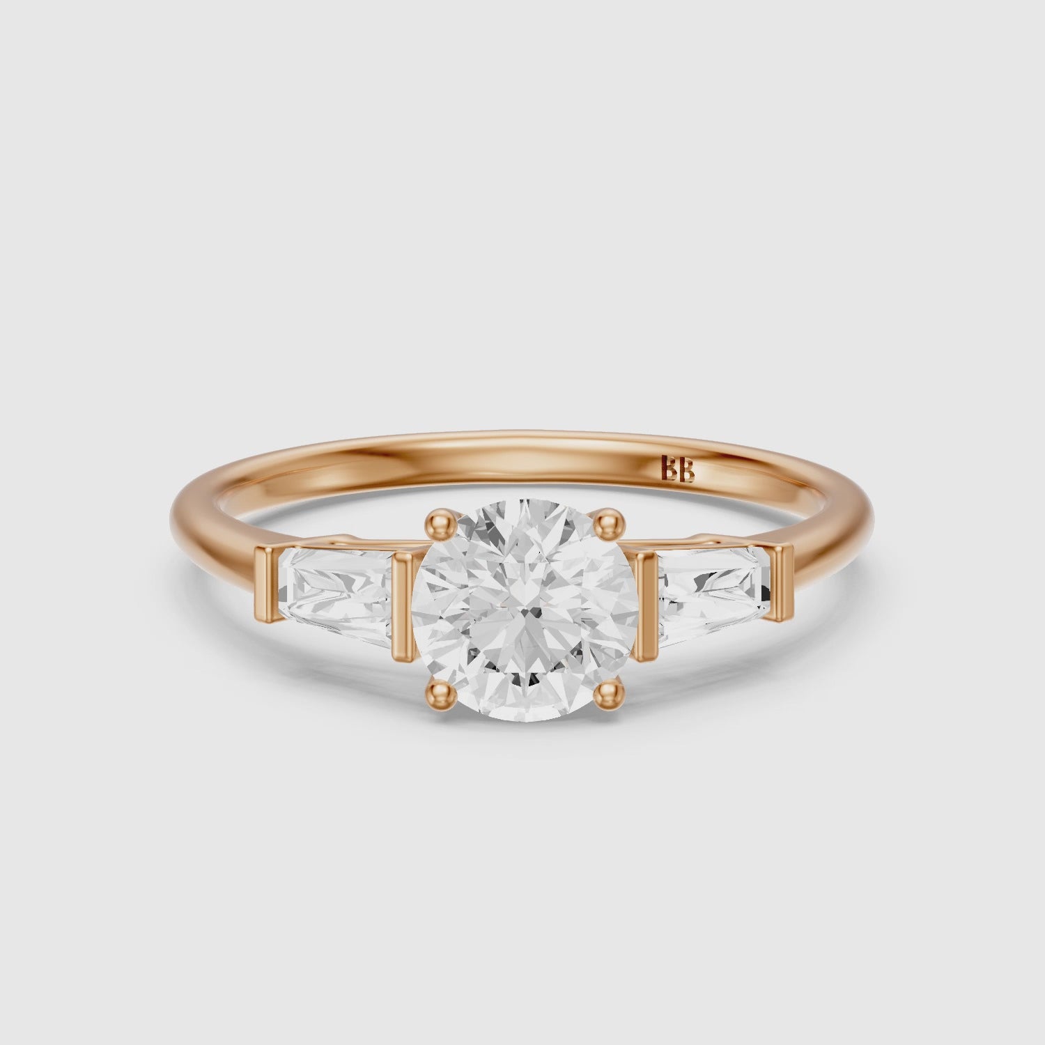 Load video: Kelcie Round 3 Stone Lab Grown Diamond Ring With Baguette Side Stones