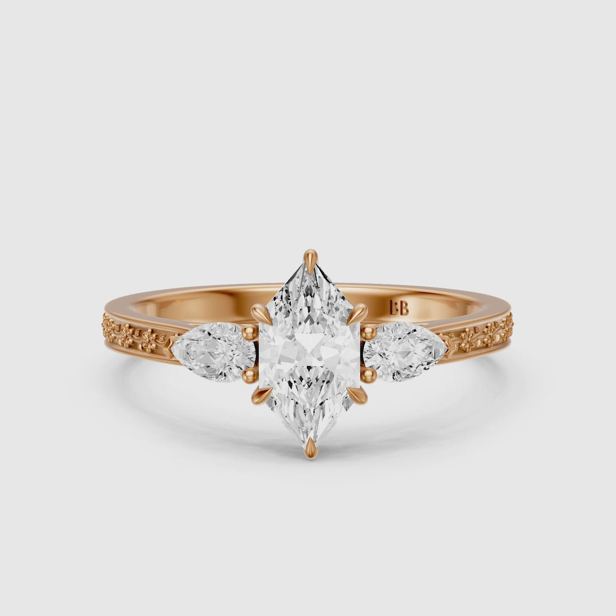 Load video: Alzira Dutch Marquise Cut Lab Grown Diamond Vintage Three Stone Ring