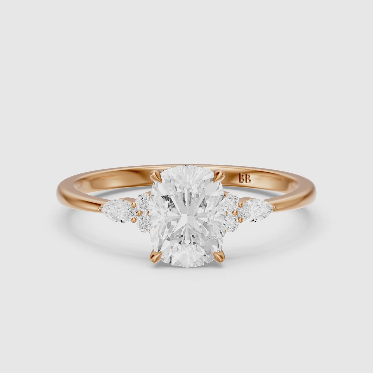 Load video: Fable Elongated Cushion Lab Grown Diamond Ring with Round &amp; Marquise Side Stones