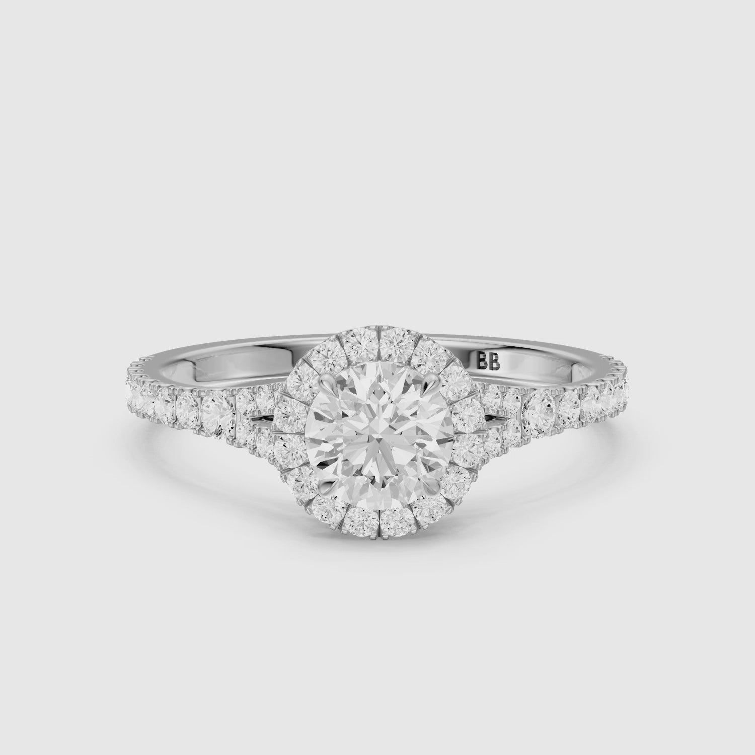 Load video: Alison Round Cut Halo Split Shank Pave Lab Grown Diamond Ring