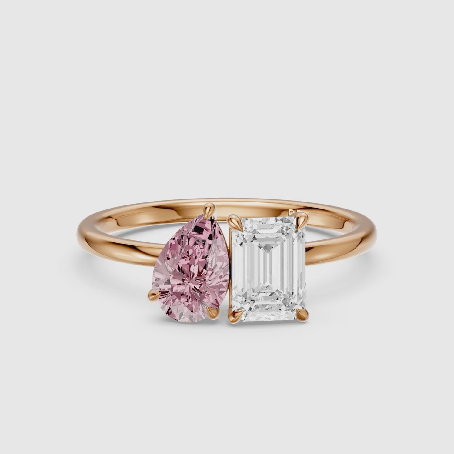 Load video: Milena Pink Pear and Emerald Cut Color Lab Grown Diamond Toi et Moi Ring
