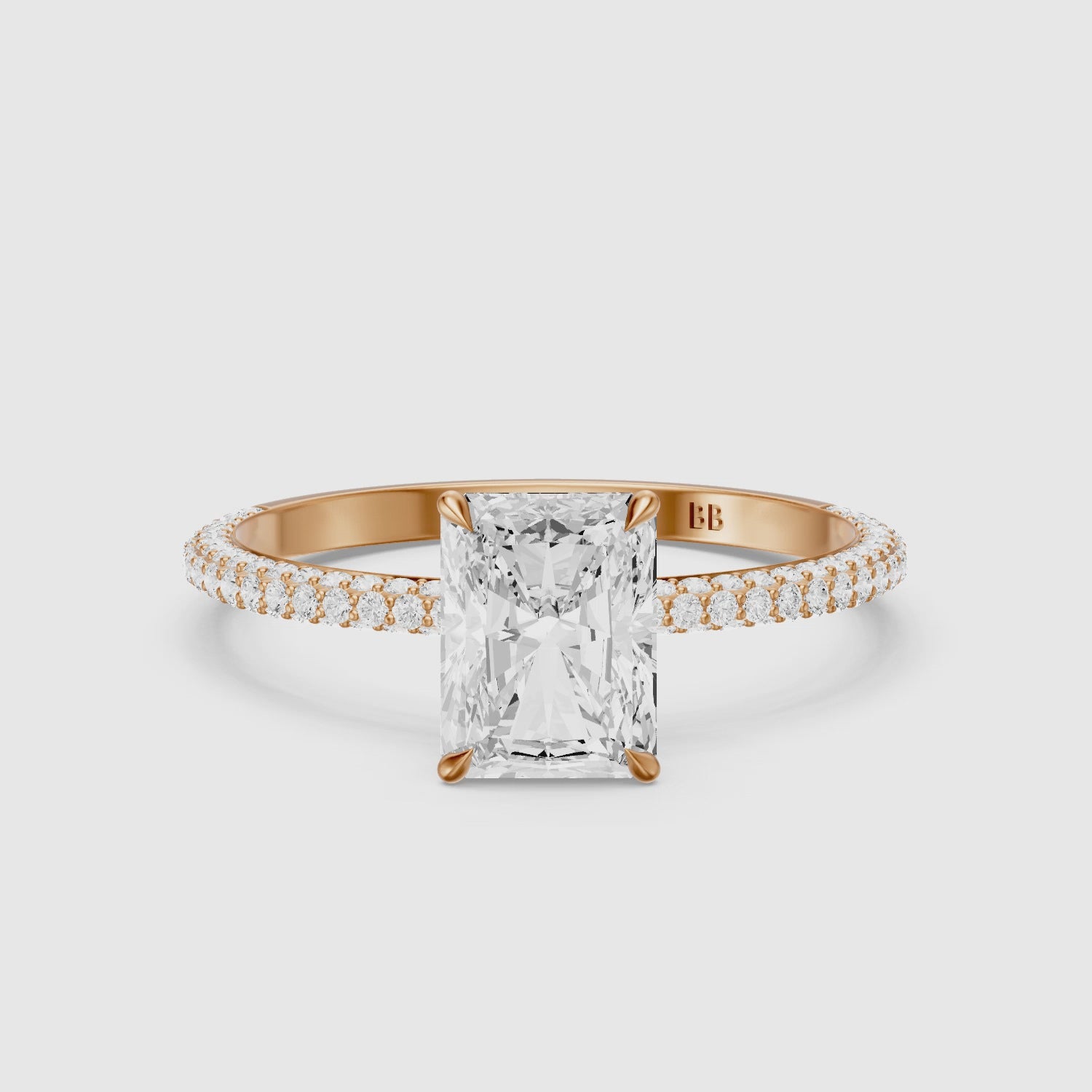 Load video: Selah Radiant Cut Hidden Halo Lab Grown Diamond Ring with Pave Band