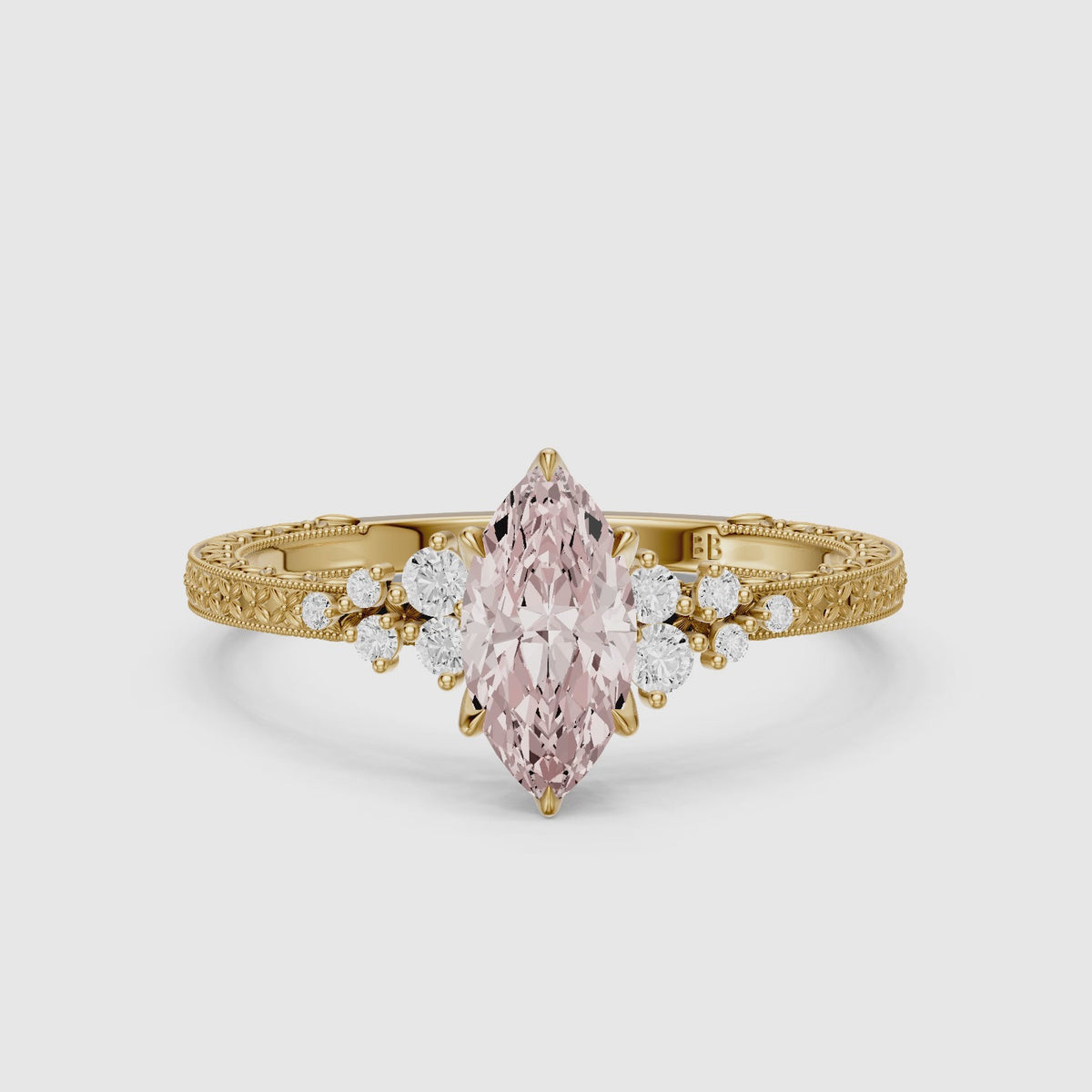 Load video: Nori Marquise Pink Lab Grown Diamond Ring with Vintage Milgrain Band