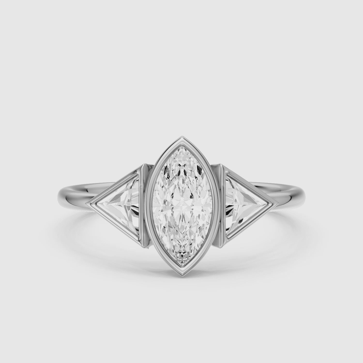 Load video: Amira Marquise Cut Bezel Moissanite Diamond Ring with Triangle Side Stones