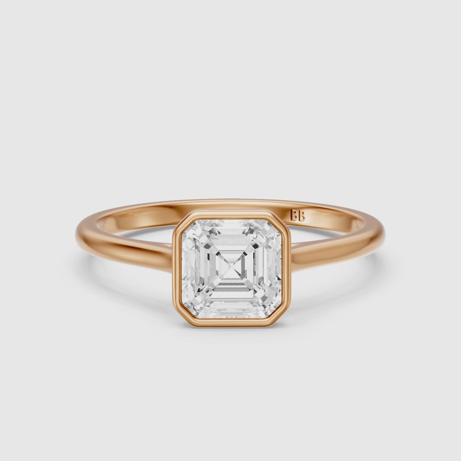 Load video: Elodia Asscher Cut Bezel Set Cathedral Style Lab Grown Diamond Ring