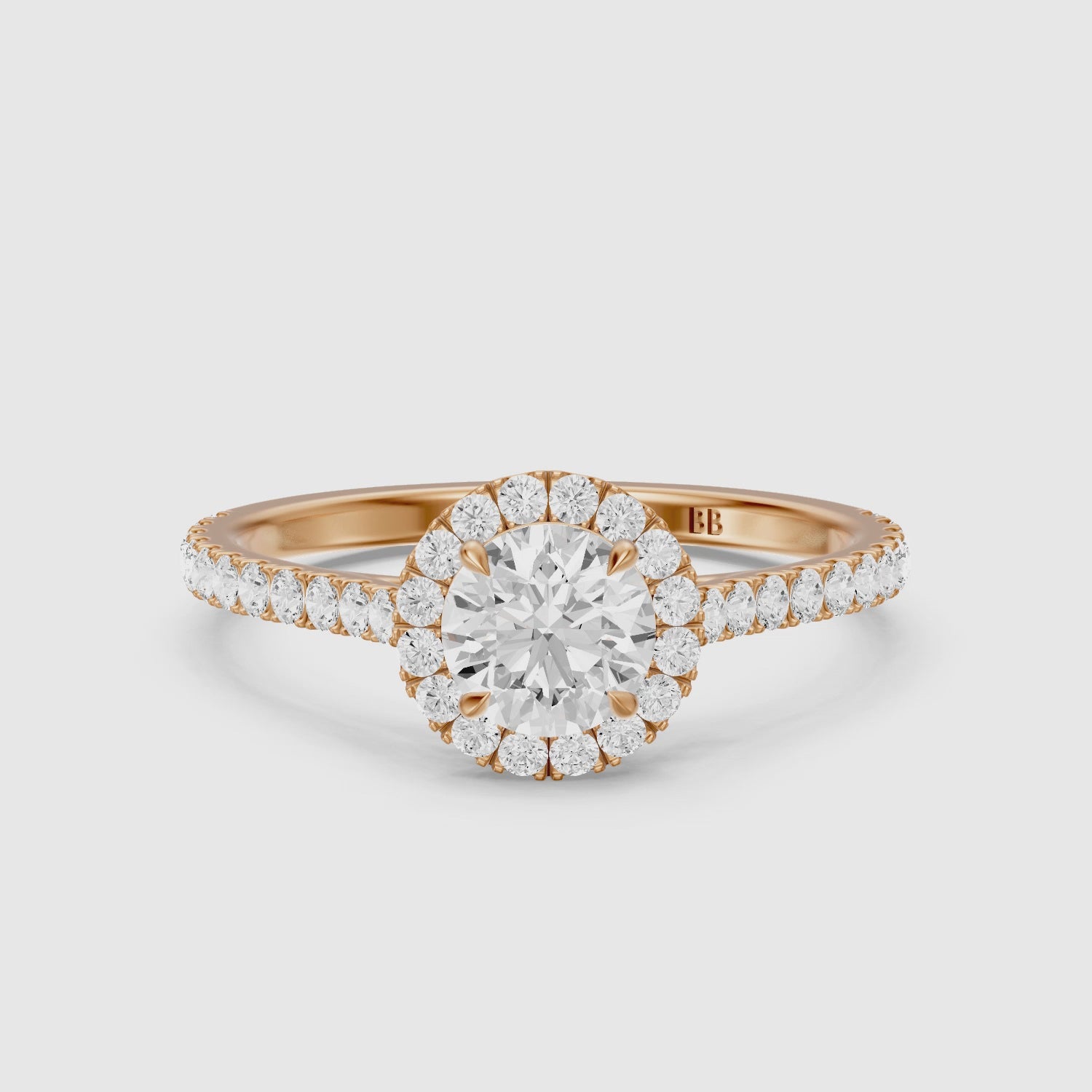 Load video: Avelin Round Cut Halo Cathedral Pave Lab Grown Diamond Ring