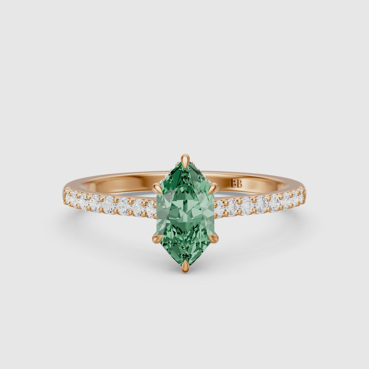 Load video: Andrea Dutch Marquise Green Lab Grown Diamond Hidden Halo French Pave Engagement Ring