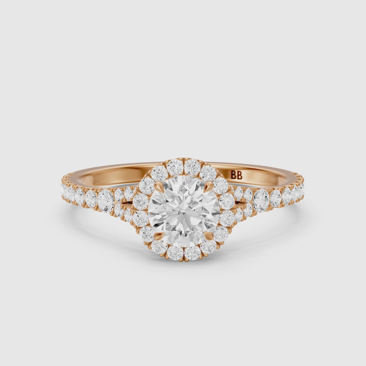 Load video: Alison Round Cut Halo Split Shank Pave Lab Grown Diamond Ring