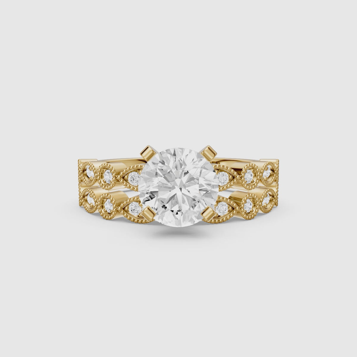 Load video: Elisa Round Lab Grown Diamond Vintage Milgrain Bridal Set