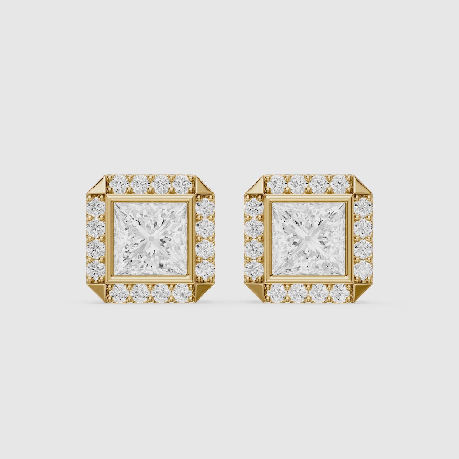 Load video: Oksana Princess Cut Lab Grown Diamond Square Halo Stud Earrings