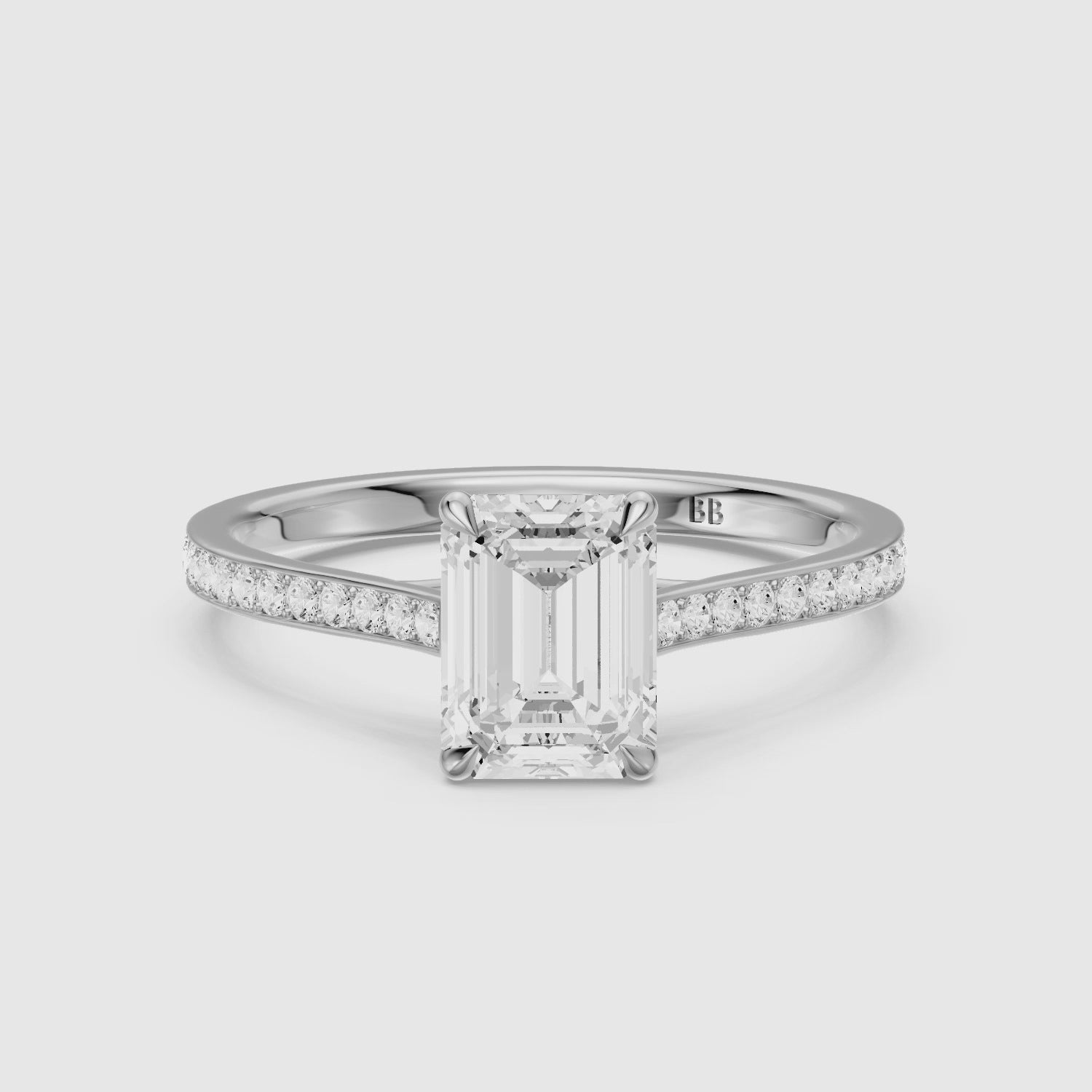 Load video: Sierrah Emerald Cut Side Stone Pave Moissanite Engagement Ring