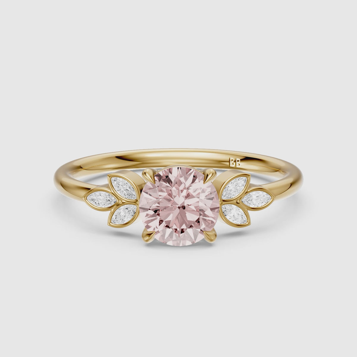 Load video: Ainslie Round Pink Lab Grown Diamond Ring with Floral Marquise Side Stones