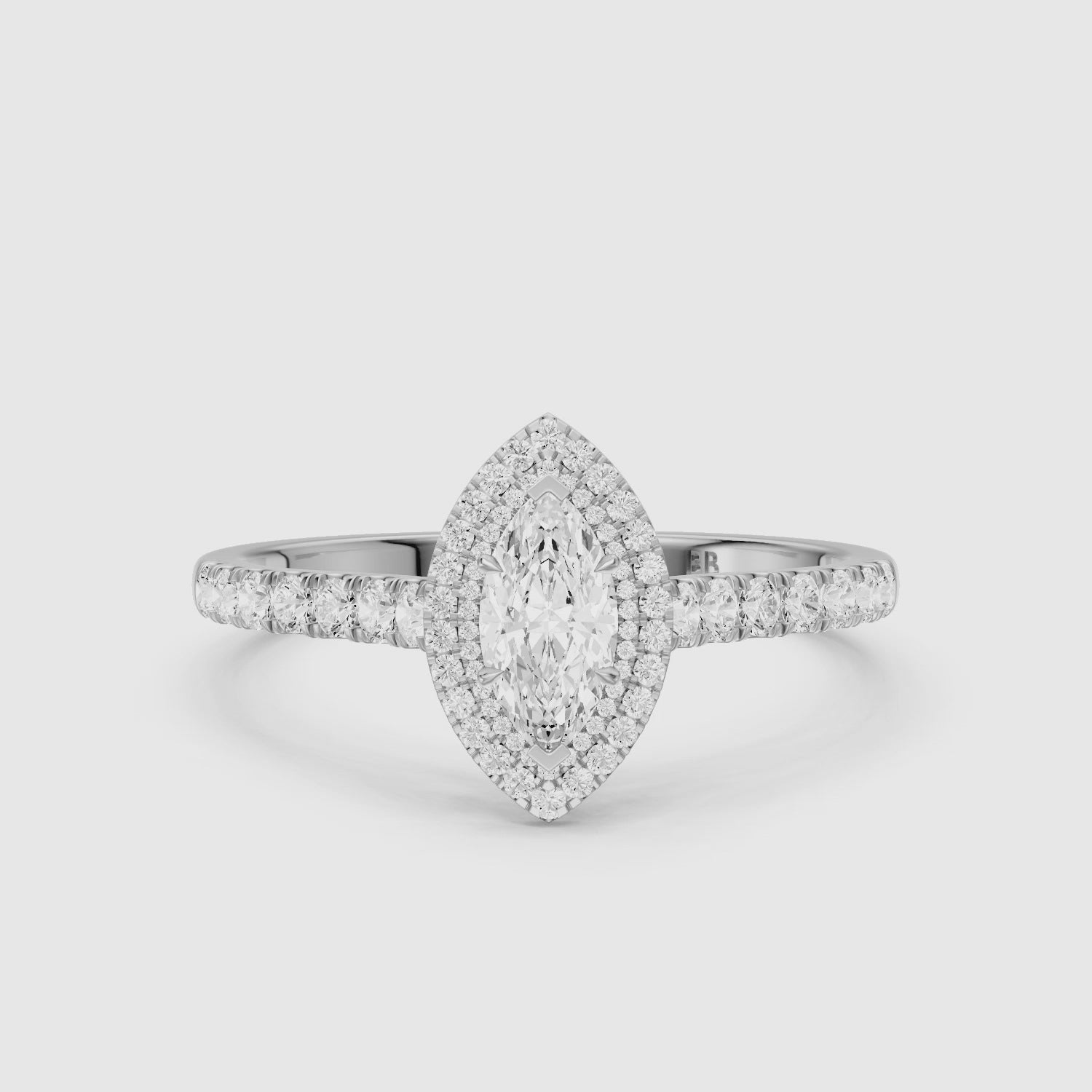 Load video: Alana Marquise Cut Lab Diamond Double Halo Ring with Pave Band