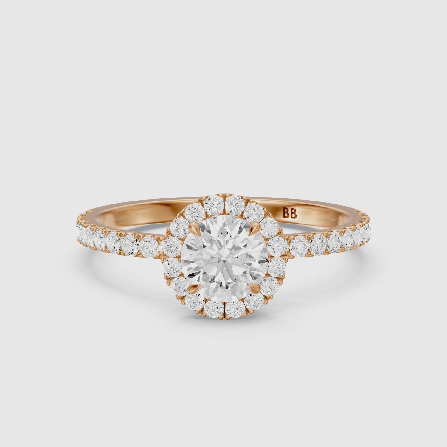 Load video: Gloria Round Cut Halo Pave Side Stone Lab Grown Diamond Ring