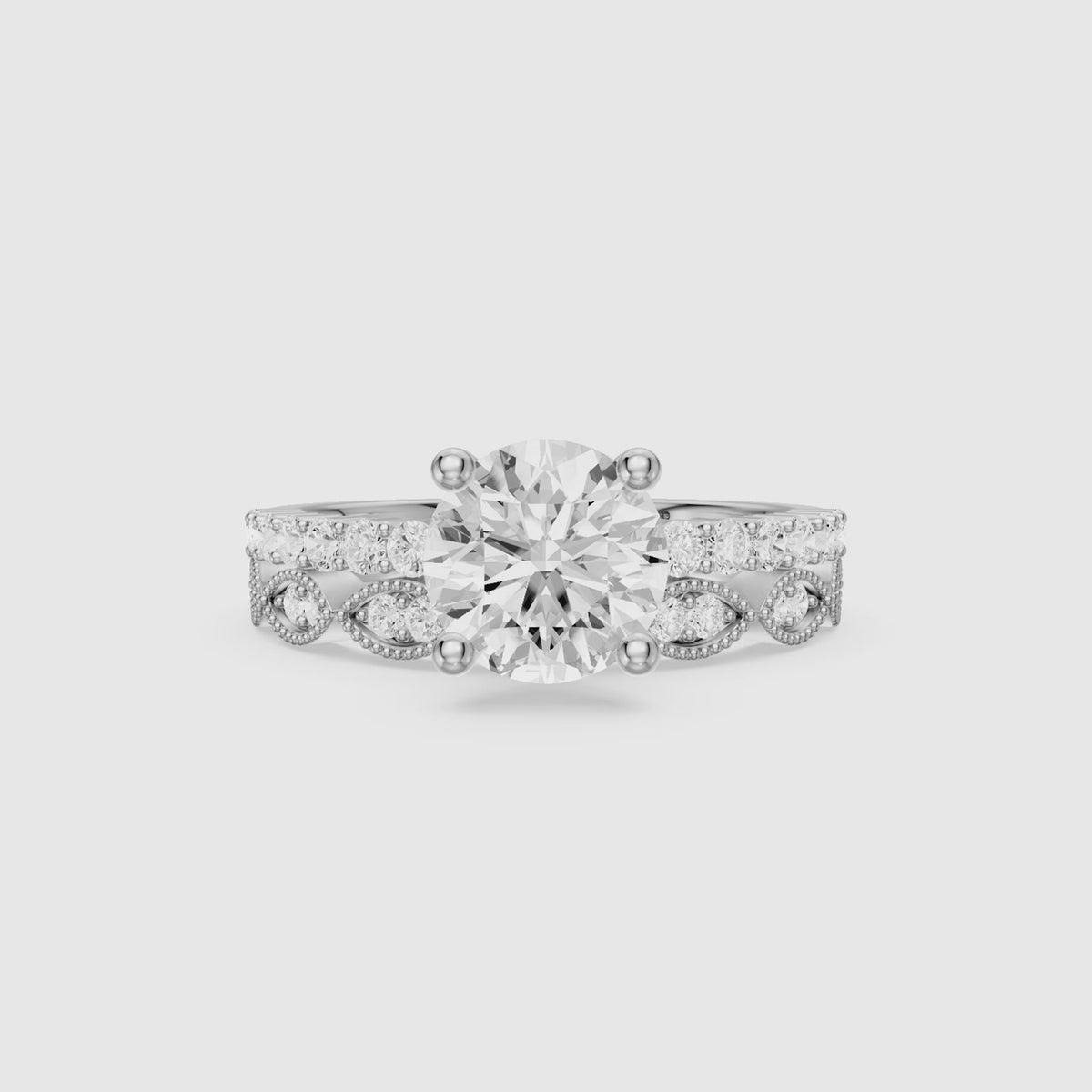 Load video: Graziela Round Cut Lab Grown Diamond Vintage Bridal Set