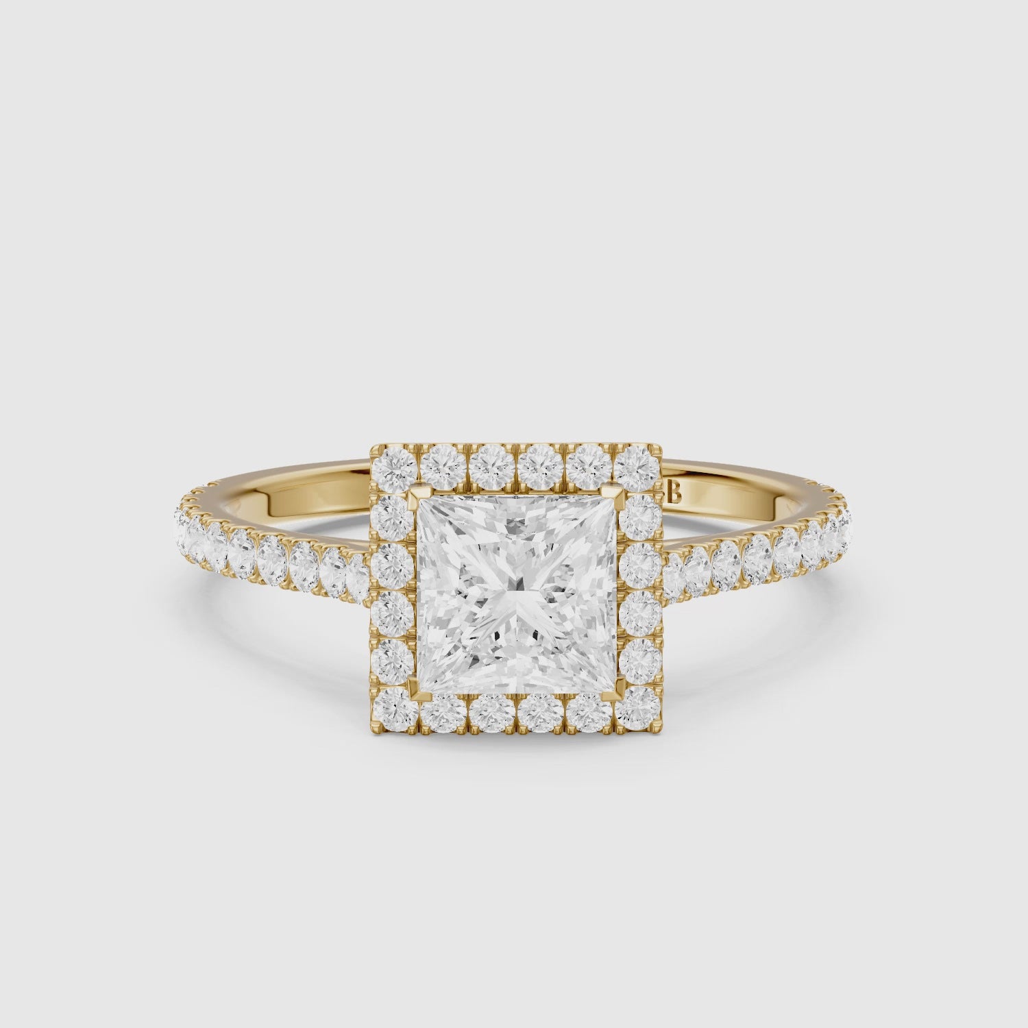 Load video: Allana Princess Cut Halo Pave Side Stone Lab Grown Diamond Ring