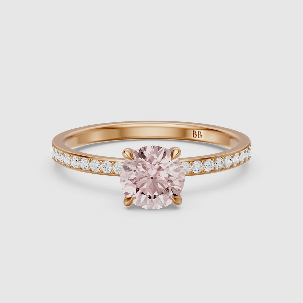 Load video: Celandine Round Cut Hidden Halo Channel Set Pink Lab Grown Diamond Ring