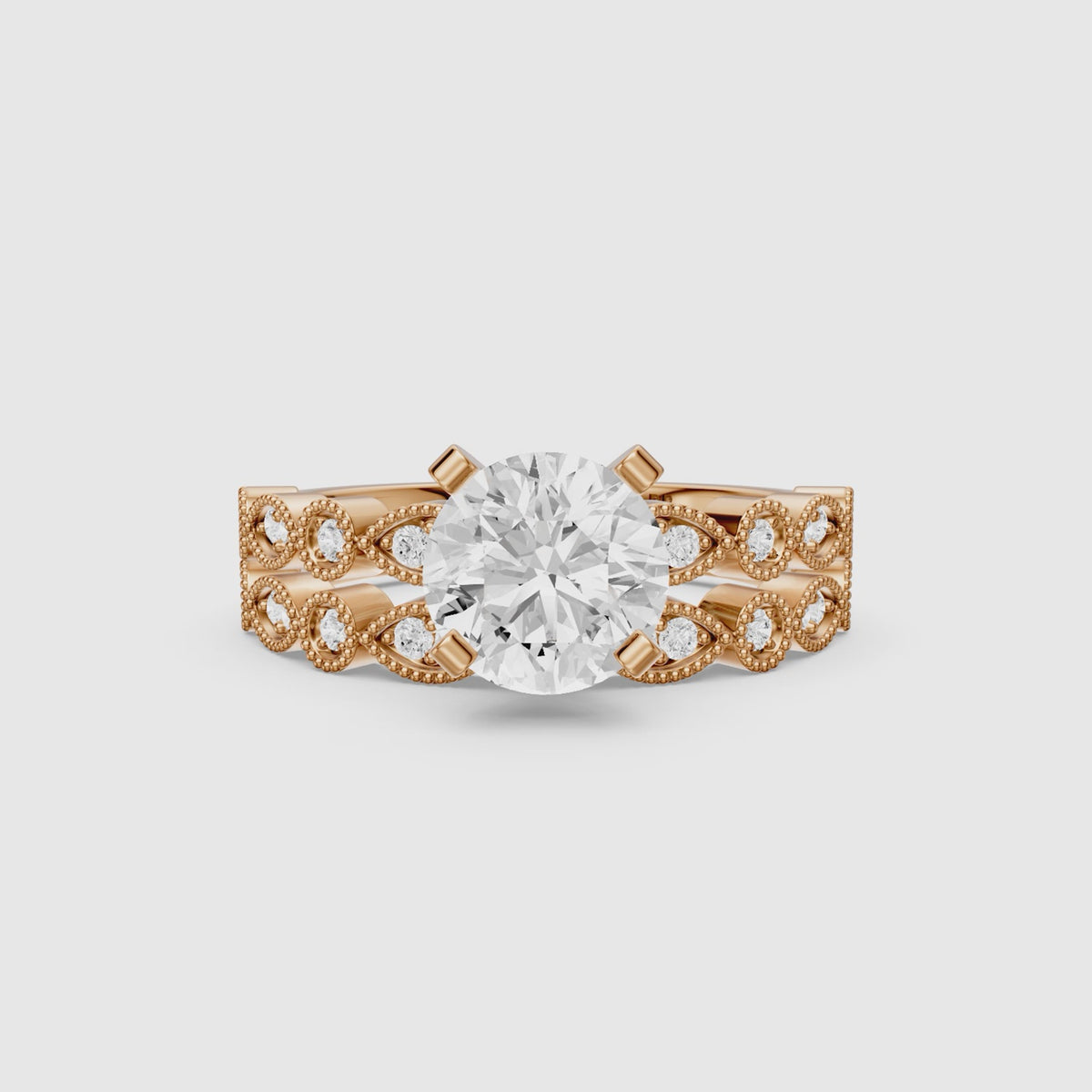 Load video: Elisa Round Lab Grown Diamond Vintage Milgrain Bridal Set