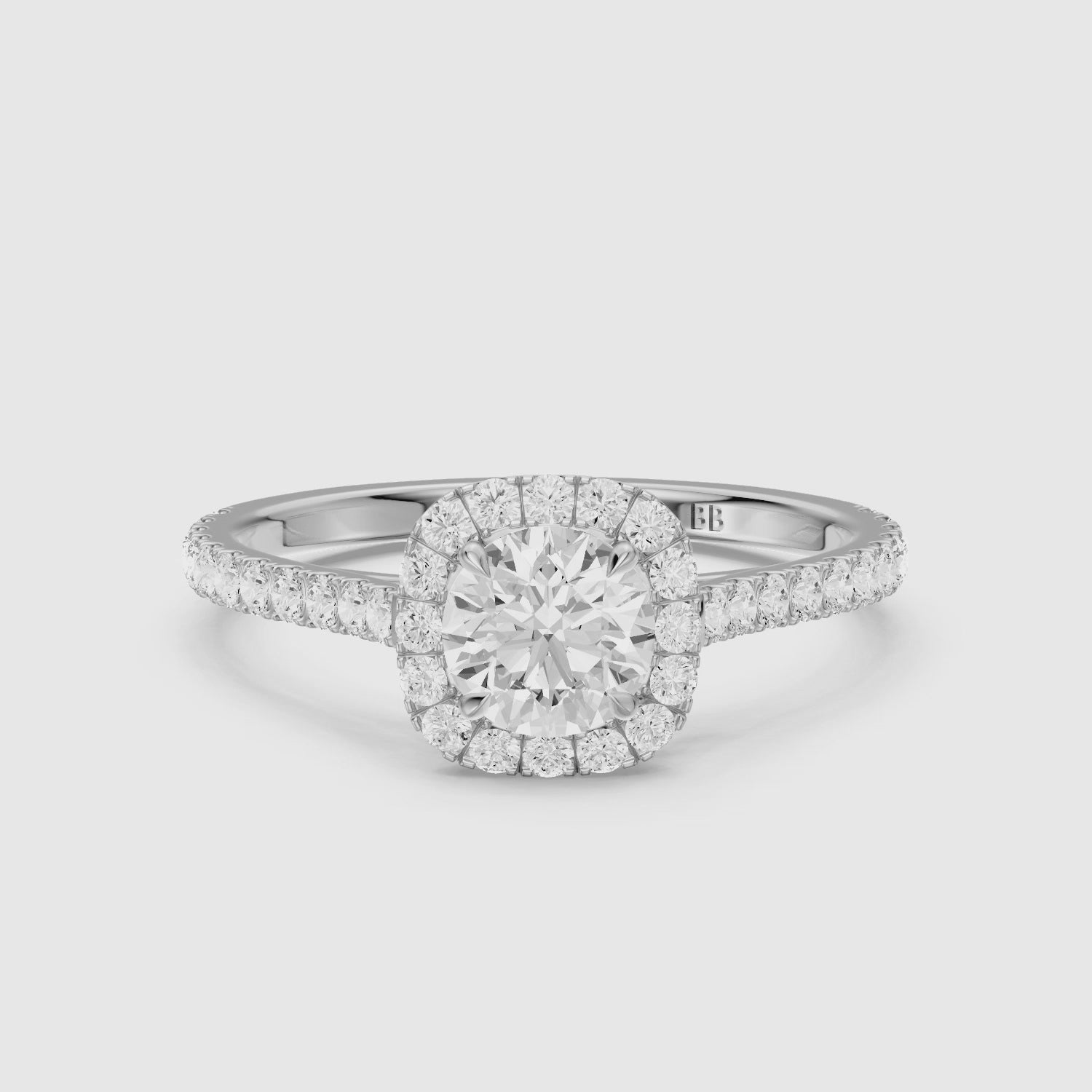 Load video: Carrah Round Cut Halo Pave Side Stone Lab Grown Diamond Ring