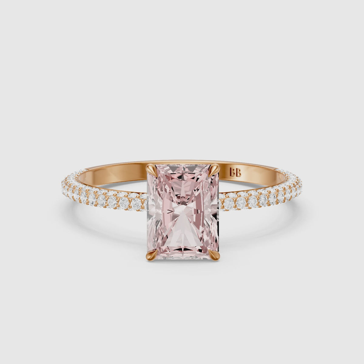 Load video: Haisley Radiant Cut Hidden Halo Pink Lab Grown Diamond Ring with Pave Band