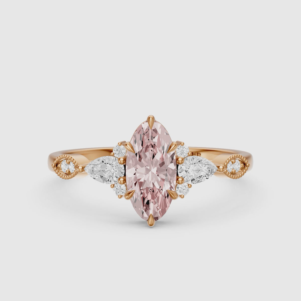 Load video: Jemima Moval Pink Lab Grown Diamond Vintage Style Ring with Pear and Round Accents