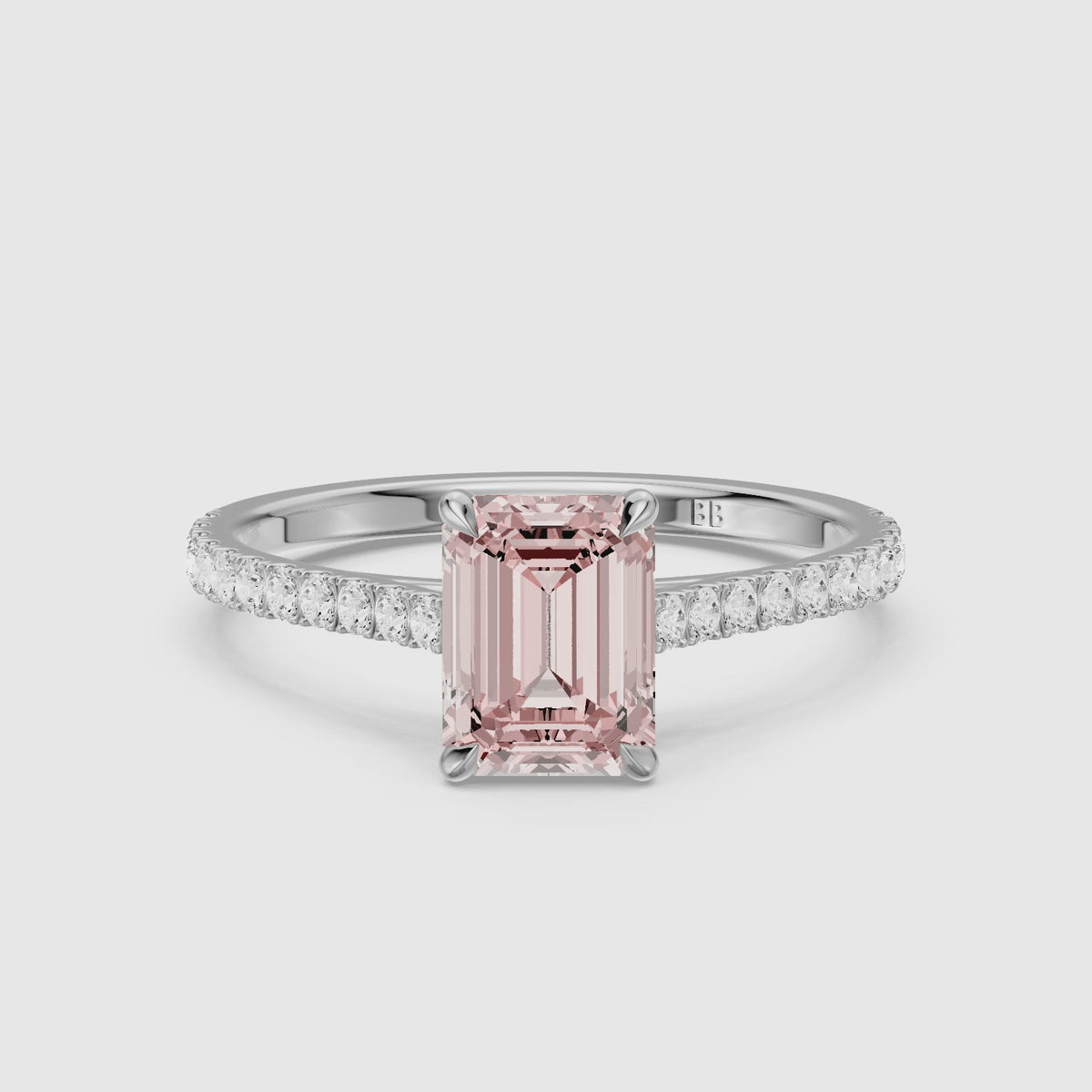 Load video: Ondine Emerald Cut Side Stone Pave Pink Lab Grown Diamond Engagement Ring