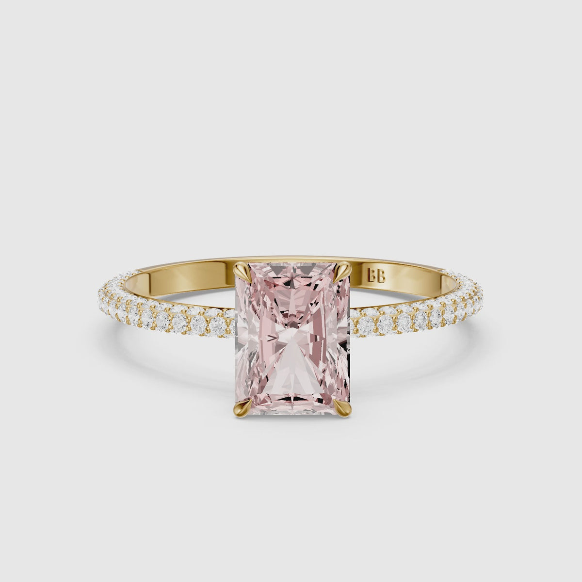 Load video: Haisley Radiant Cut Hidden Halo Pink Lab Grown Diamond Ring with Pave Band