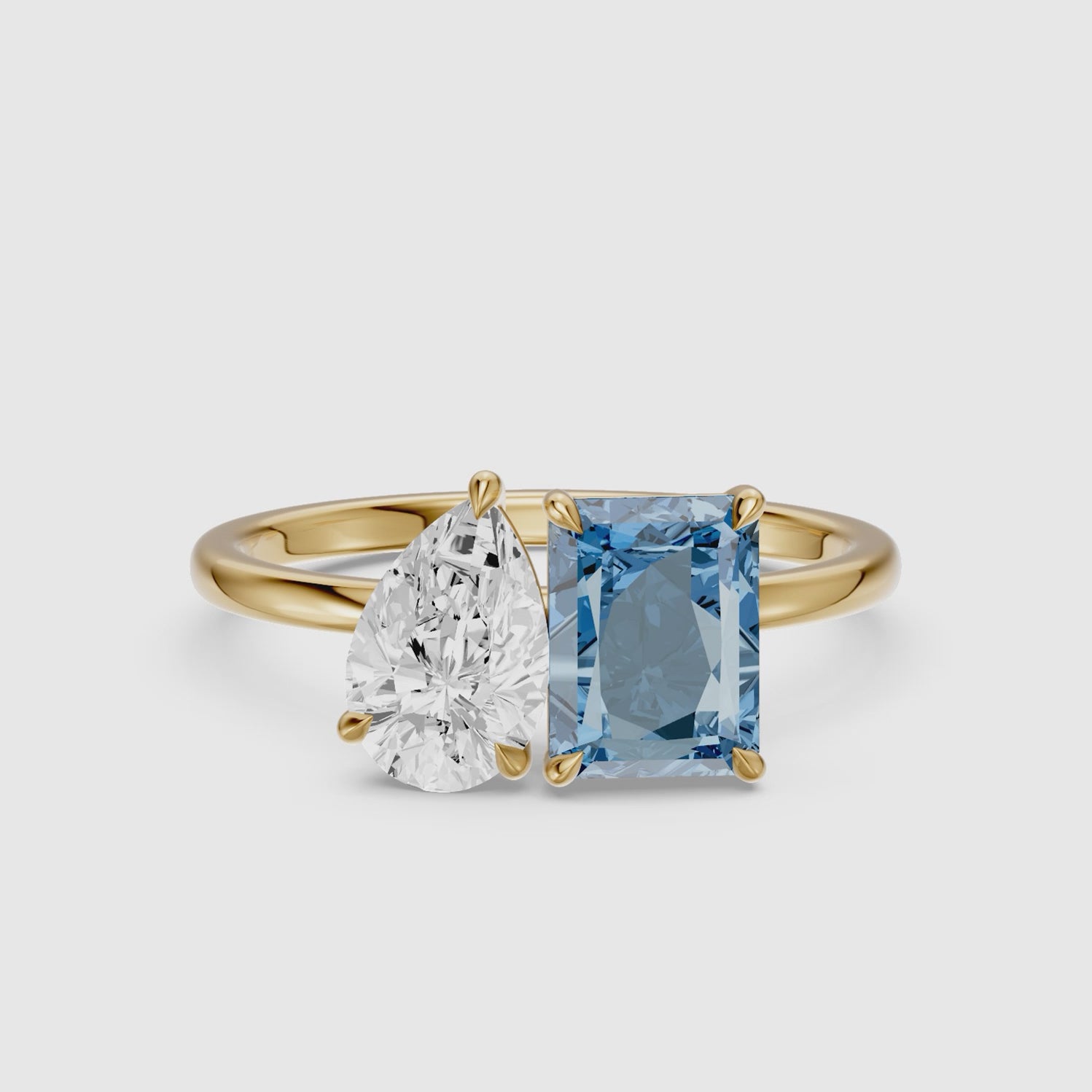 Load video: Milica Blue Radiant and Pear Cut Colored Lab Grown Diamond Toi et Moi Ring