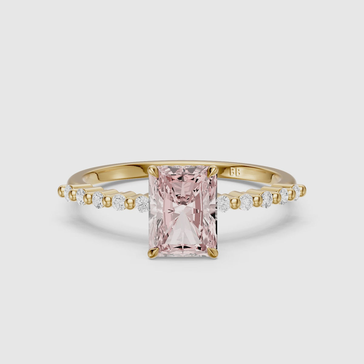 Load video: Oona Radiant Cut Hidden Halo Side Stone Pink Lab Grown Diamond Ring