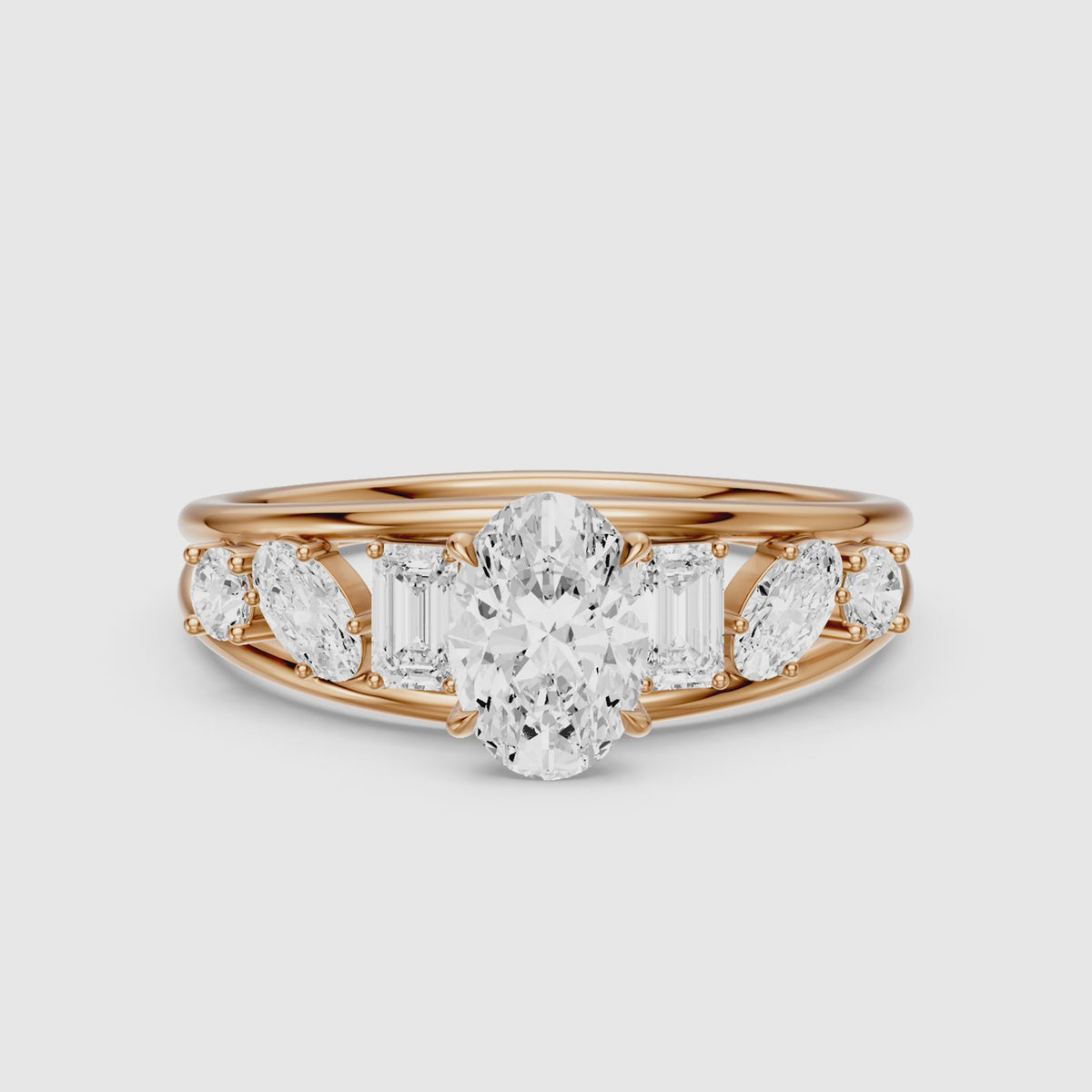 Load video: Neve Oval Moissanite Diamond Ring with Round, Oval &amp; Emerald Cut Side Diamonds