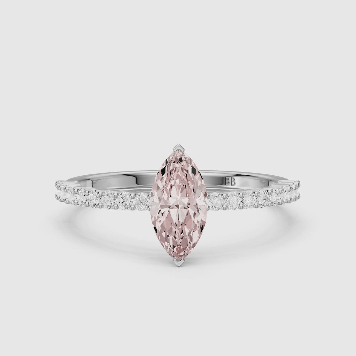 Load video: Raven V Prong Marquise Pink Lab Grown Diamond Hidden Halo Pavé Ring