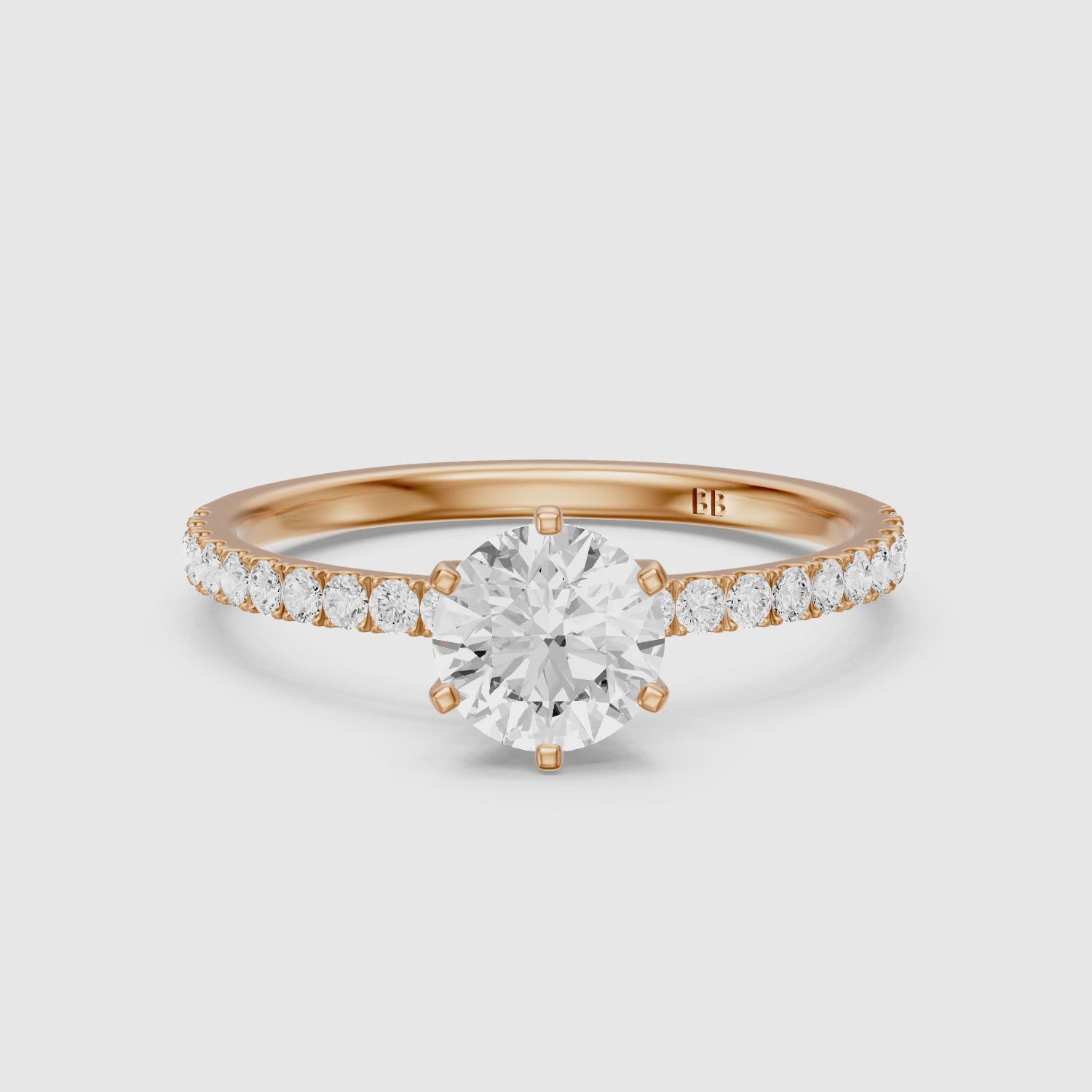 Load video: Maggie 6 Prong Round Cut Side Stone Pave Lab Grown Diamond Ring