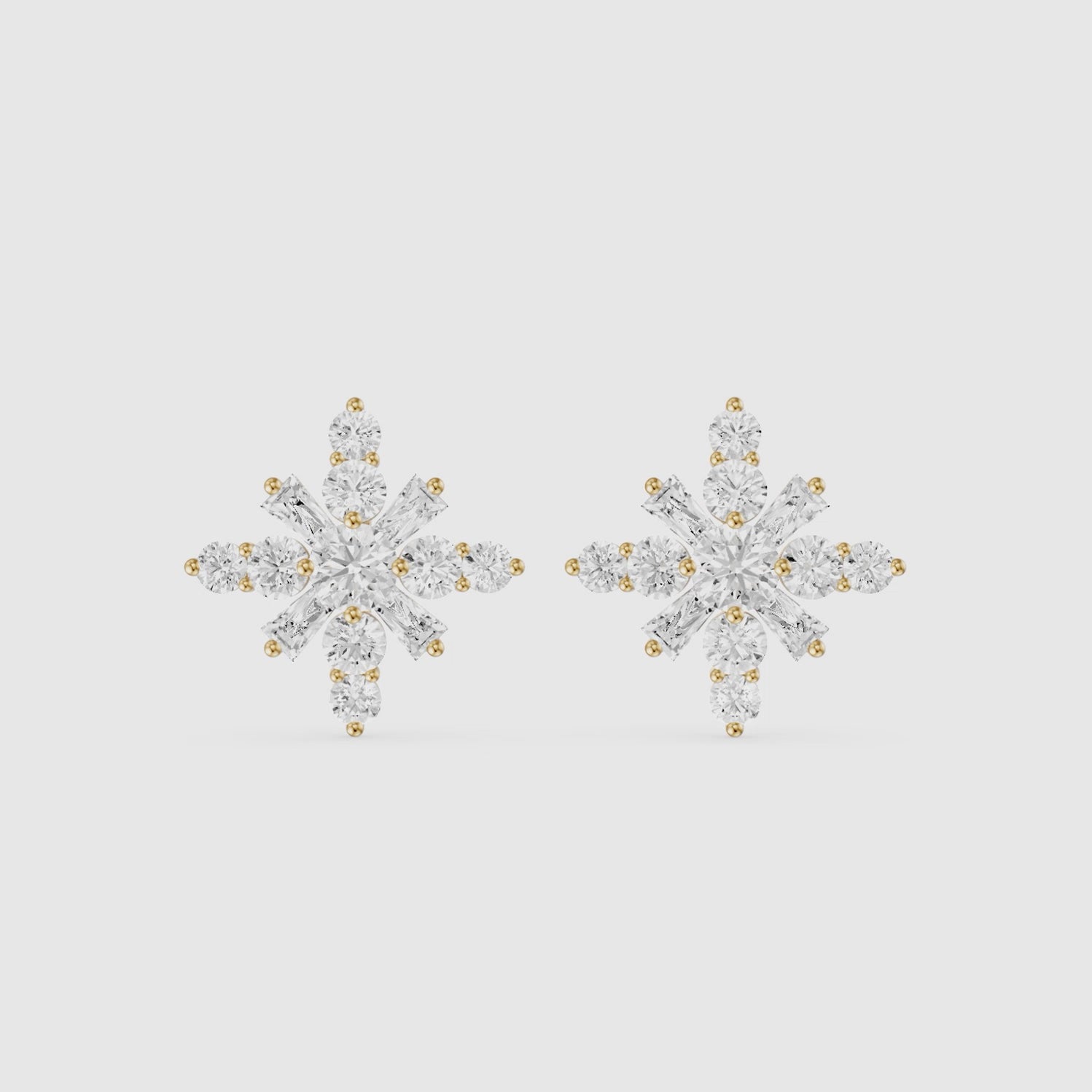 Load video: Veerle Round Cut and Tapered Baguette Lab Grown Diamond Snowflake Stud Earrings