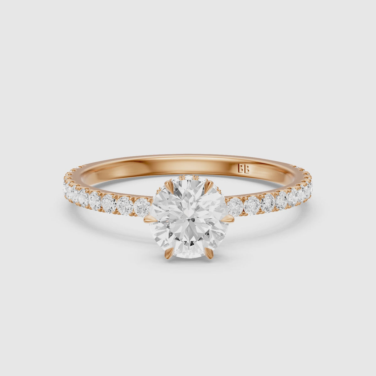 Load video: Sena Round Hidden Halo Lab Grown Diamond Engagement Ring with Pavé Band