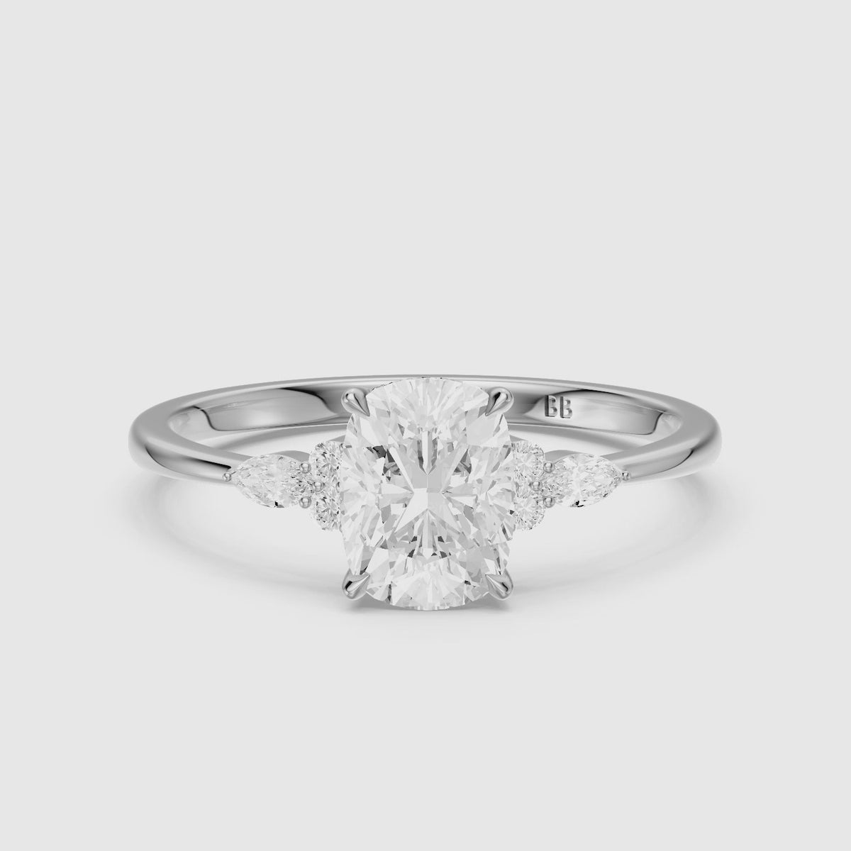 Load video: Fable Elongated Cushion Lab Grown Diamond Ring with Round &amp; Marquise Side Stones