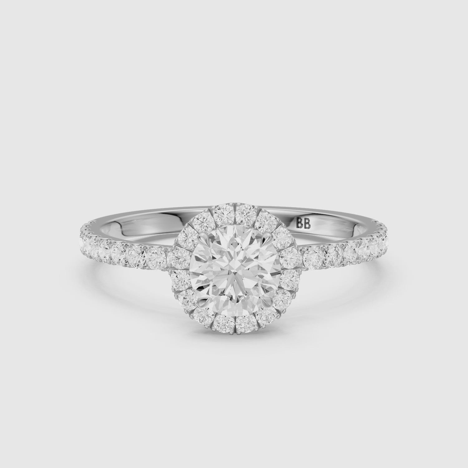 Load video: Gloria Round Cut Halo Pave Side Stone Lab Grown Diamond Ring