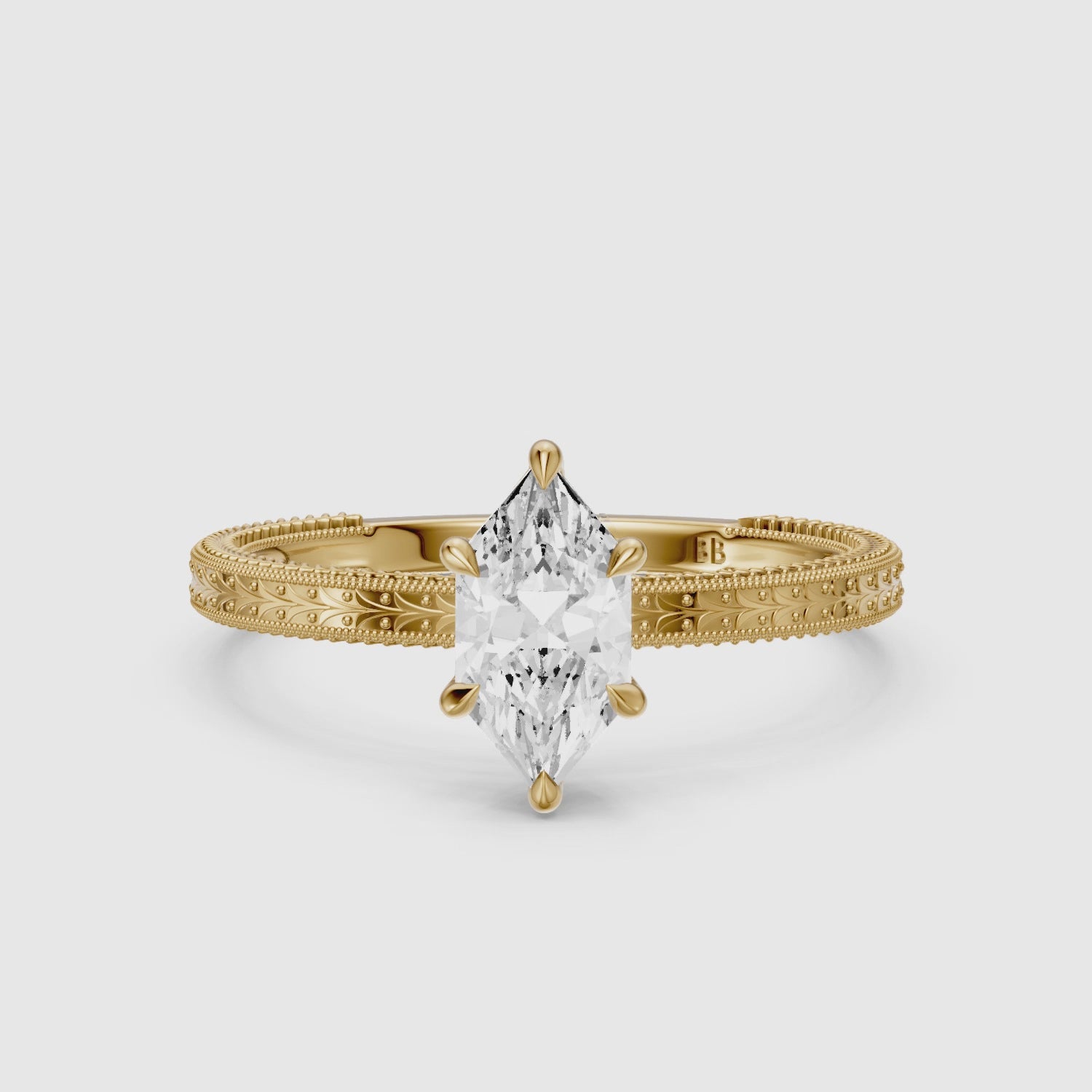 Load video: Ains Dutch Marquise 6 Prong Lab Grown Diamond Ring with Milgrain Band