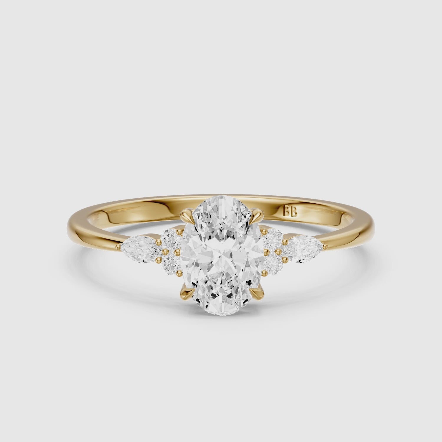 Load video: Melanie Oval Cut Lab Grown Diamond Ring with Marquise and Round Side Stones