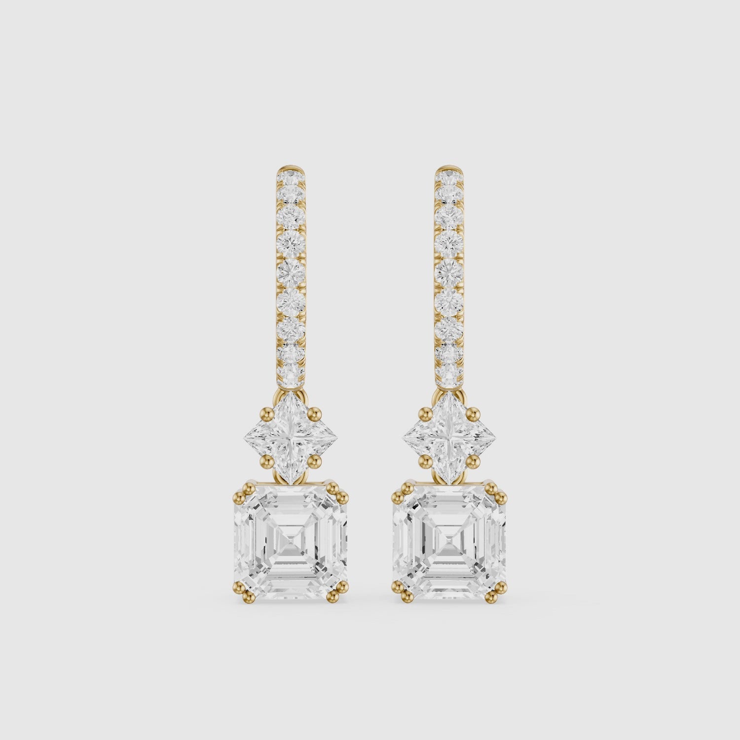 Load video: Cindy Asscher, Princess and Round Lab Grown Diamond Drop Earrings with Pave Hoop