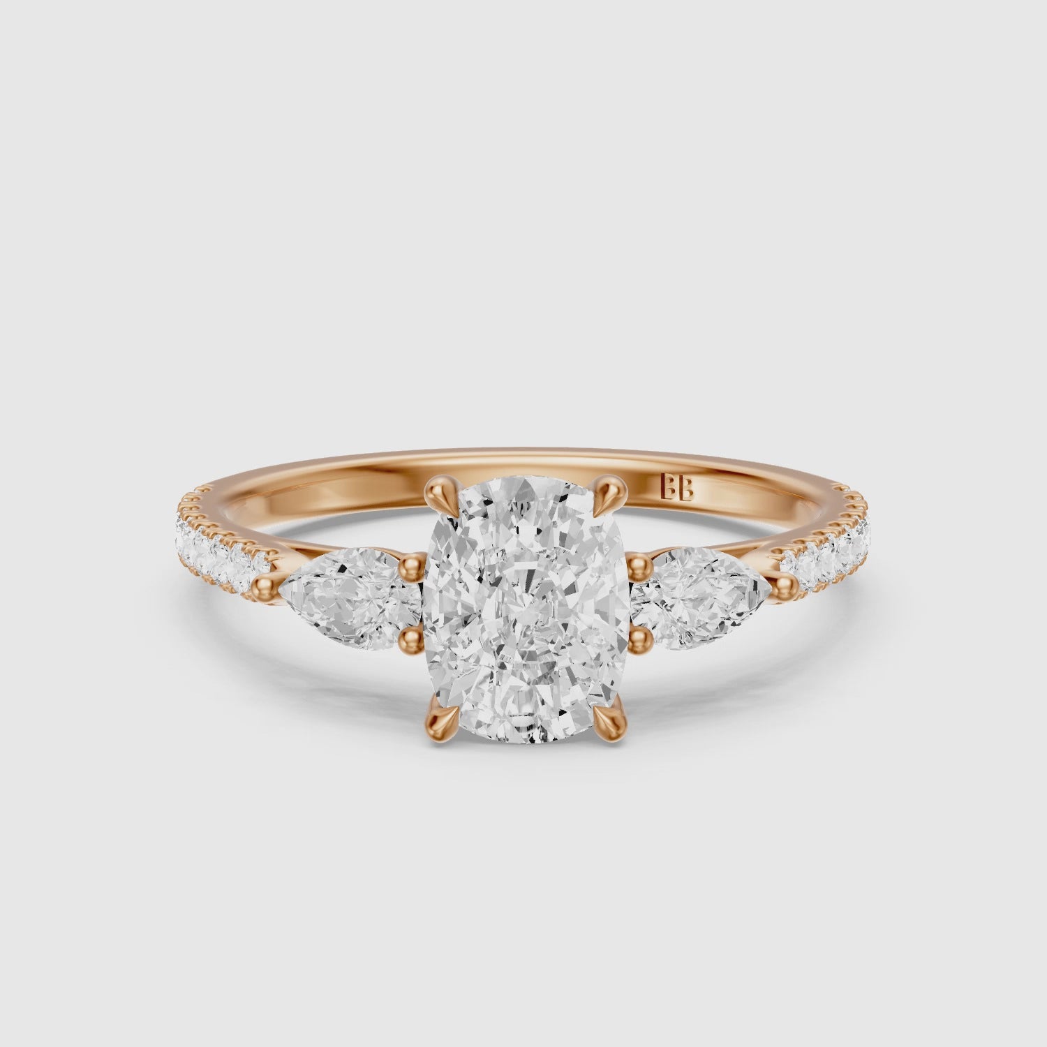 Load video: Miriah Three Stone Elongated Cushion Pave Lab Grown Diamond Ring with Pear Side Stones