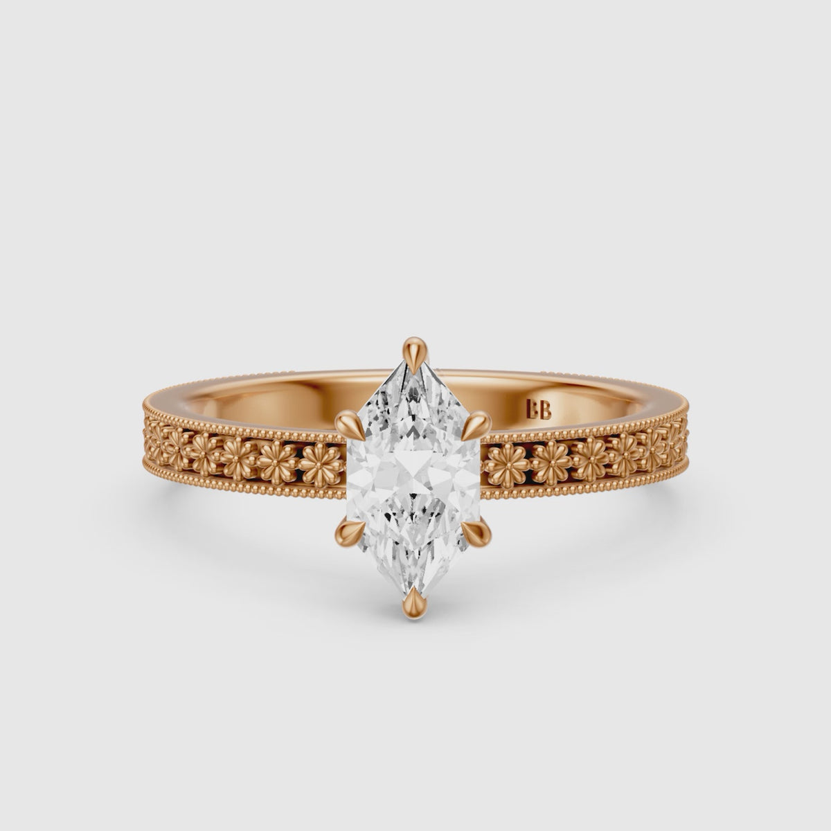 Load video: Clover Dutch Marquise Lab Grown Diamond Vintage Solitaire Engagement Ring