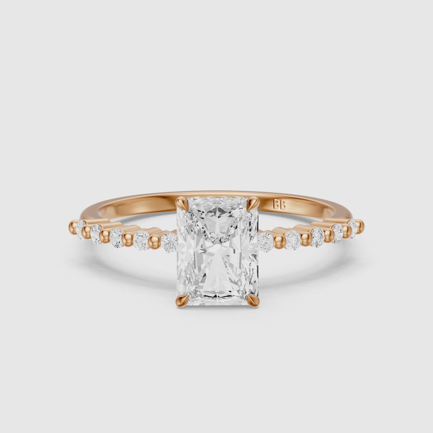 Load video: Felina Radiant Cut Hidden Halo Side Stone Moissanite Diamond Ring