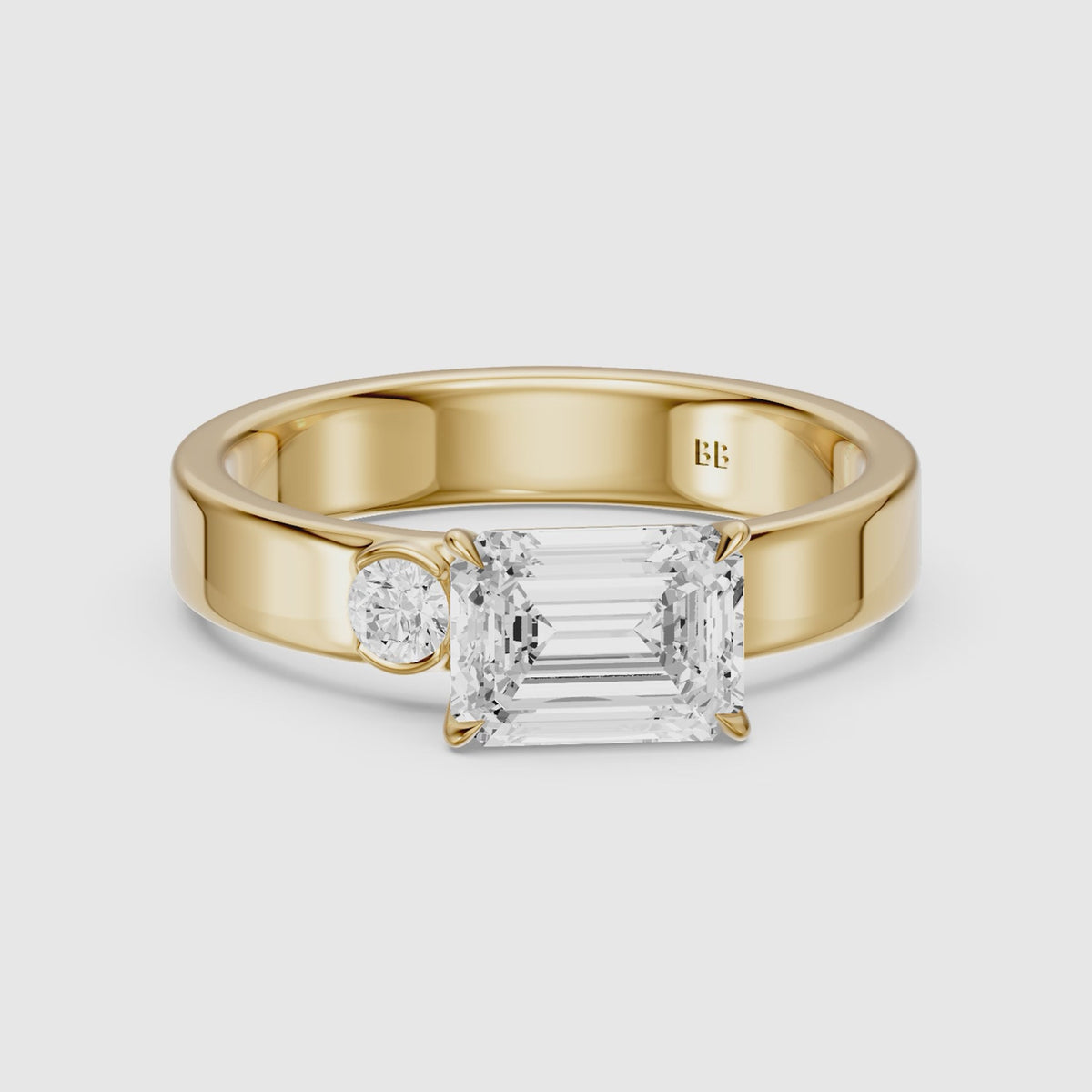 Load video: Rumi Emerald Cut Round Side Stone Moissanite Diamond Engagement Ring