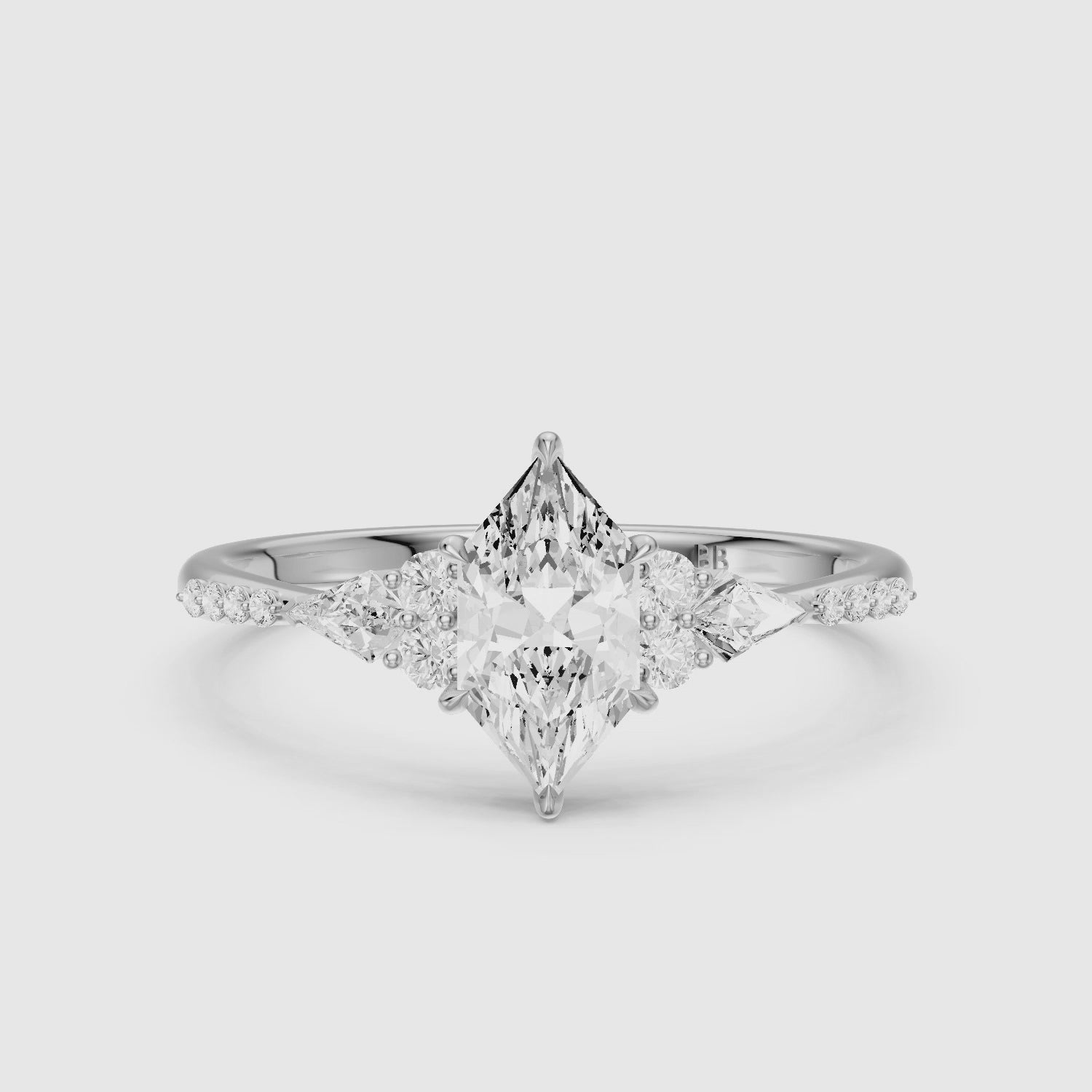 Load video: Kara Dutch Marquise Cut Lab Grown Diamond Ring with Round and Kite Side Stones