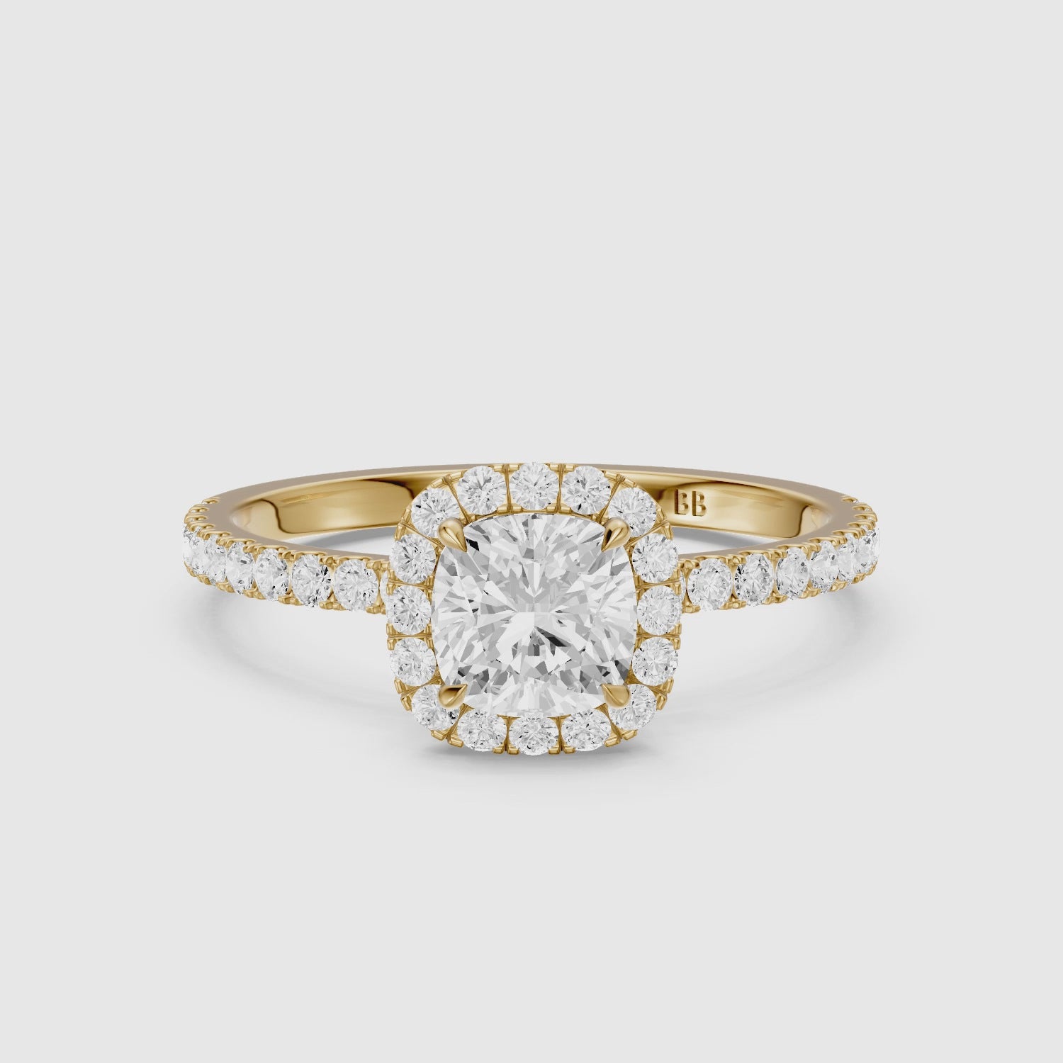 Load video: Chelsi Cushion Cut Halo Pave Lab Grown Diamond Ring