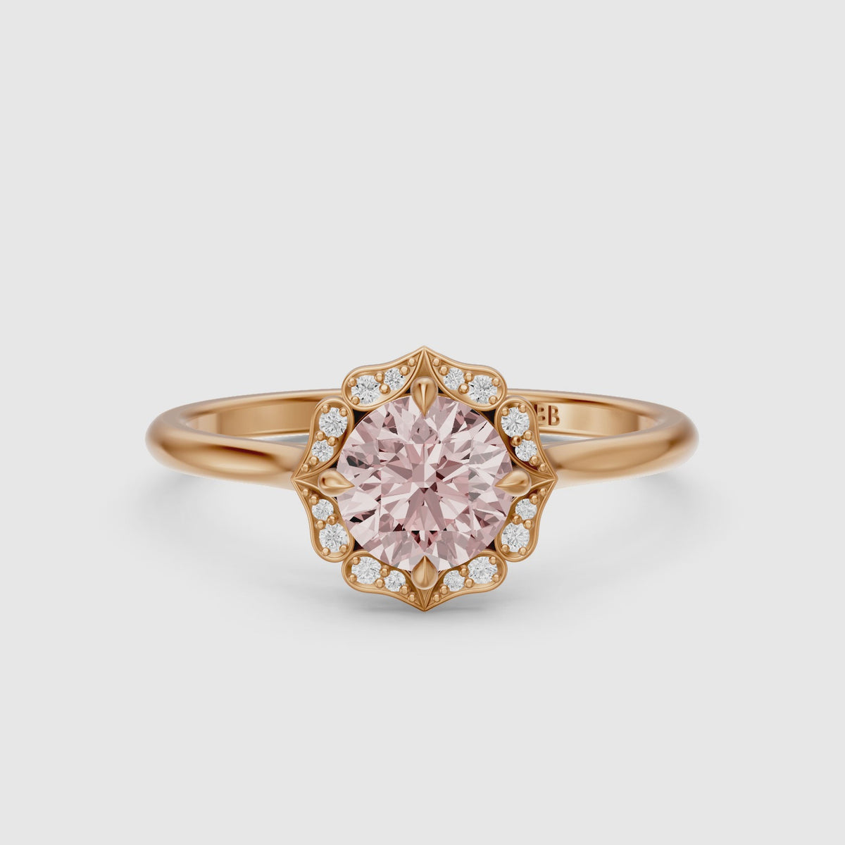 Load video: Camille Vintage Inspired Round Cut Halo Pink Lab Grown Diamond Ring