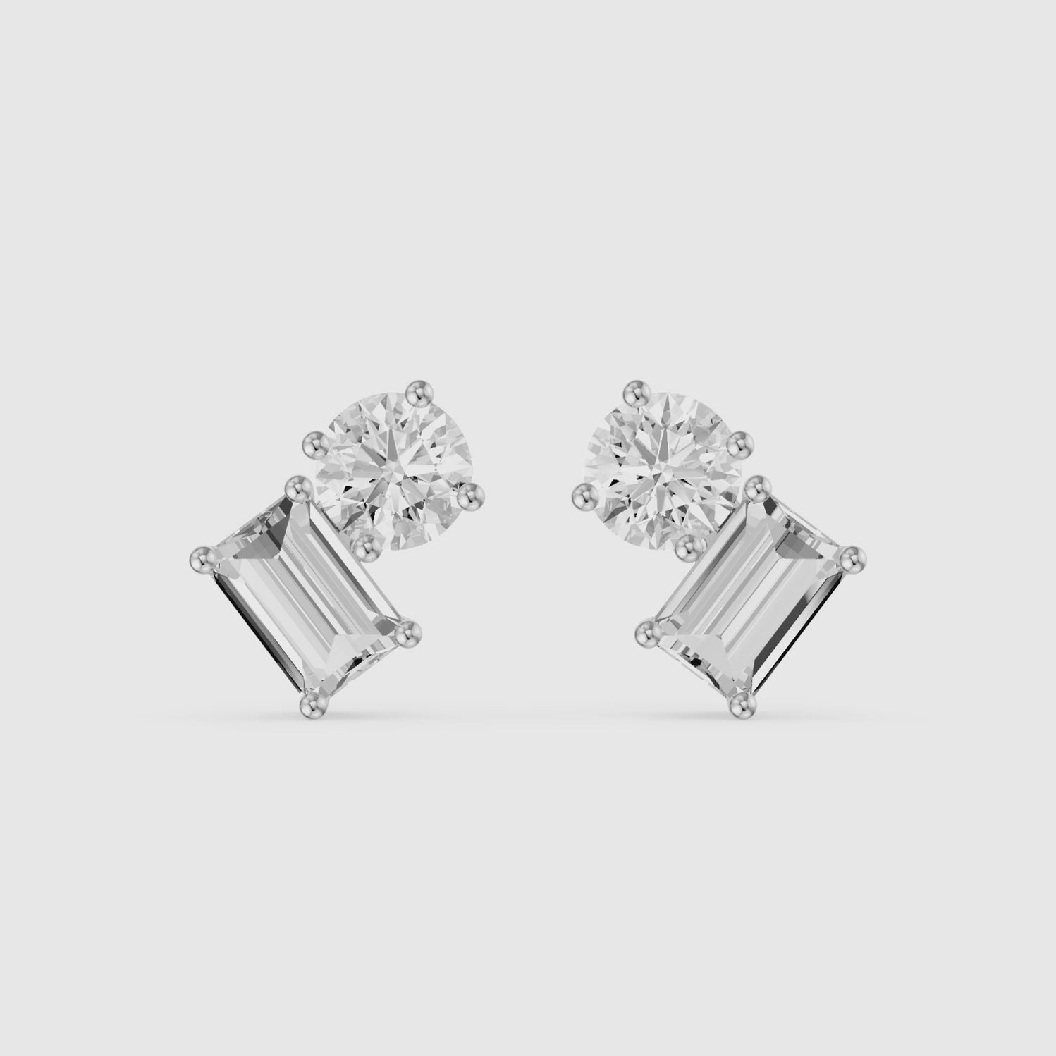 Load video: Alodia Round and Emerald Cut Lab Grown Diamond Two Stone Stud Earrings