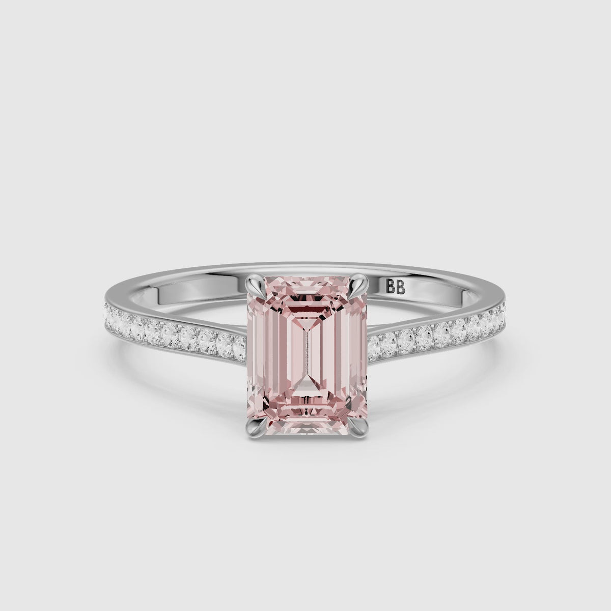 Load video: Alouette Emerald Cut Side Stone Channel Set Pink Lab Grown Diamond Ring